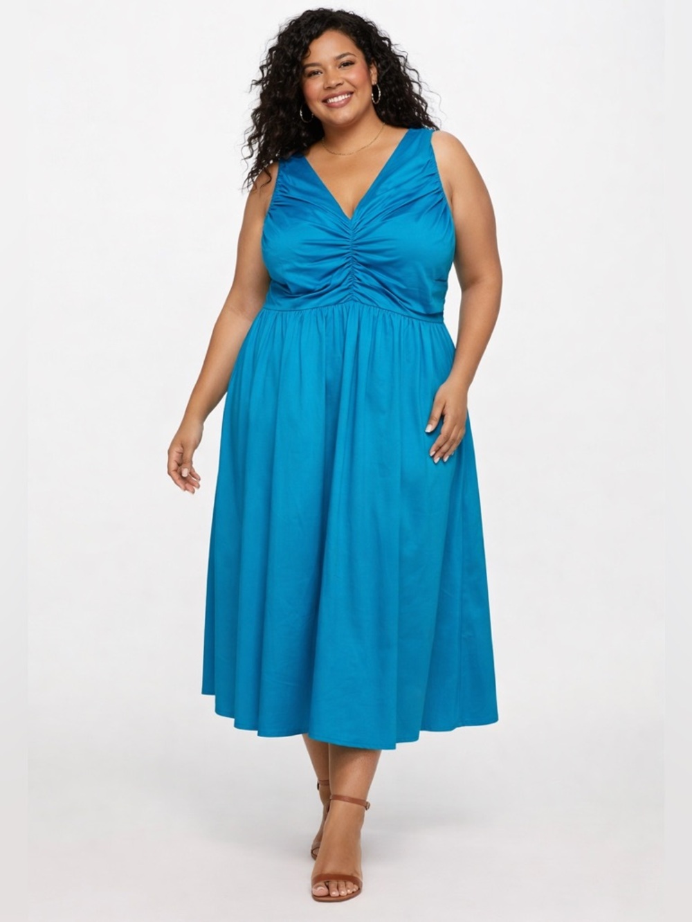 NWT Sugarlips Plus Blue Sleeveless Ruched V-Neck Cotton Maxi Dress 3X w/ Pockets